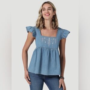 Wrangler Retro Floral Embroidered Boho Western Flutter Sleeve Top Large Cowgirl